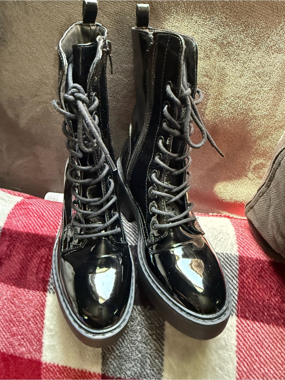 Nine West Black Patent Lace-Up Platform Combat Boots